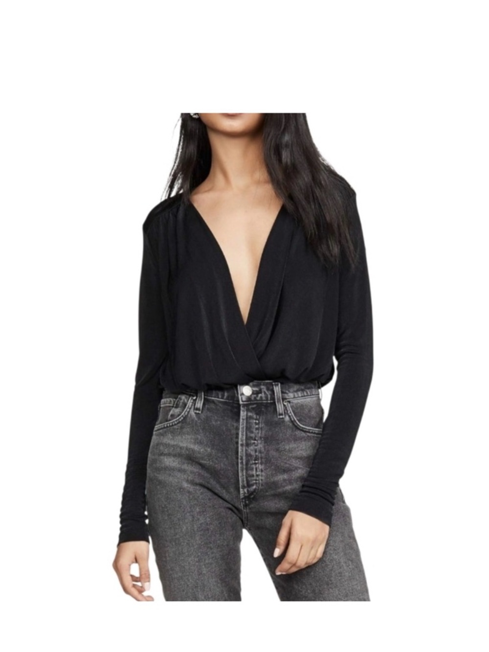 Free People Turnt Black Deep V-Neck Long Sleeve bodysuit
